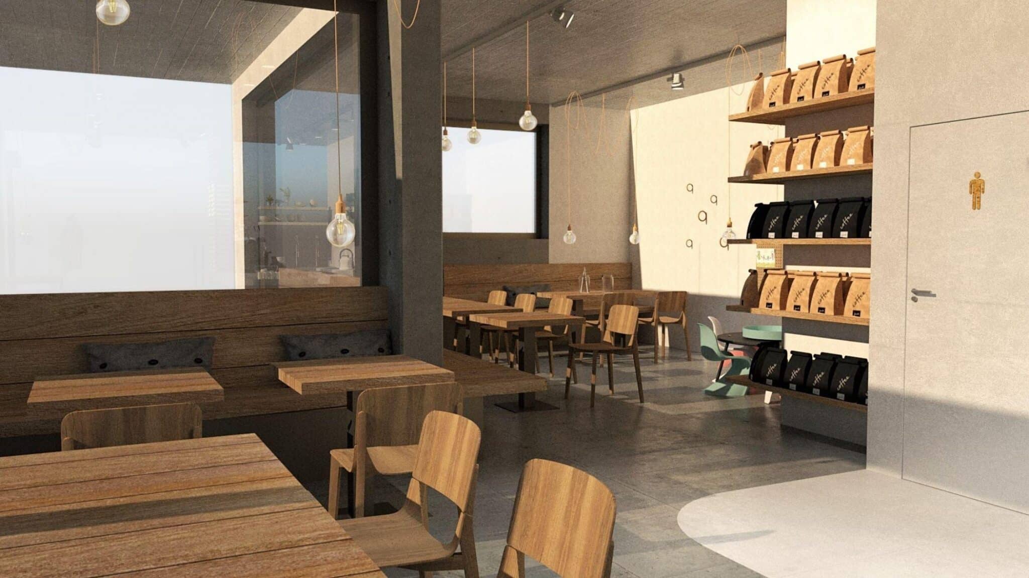 FESCH JUST Coffee Praha - Uhříněves posezení a regálys nabídkou FESCHU_3D-AGROLA_pult s pokladnou